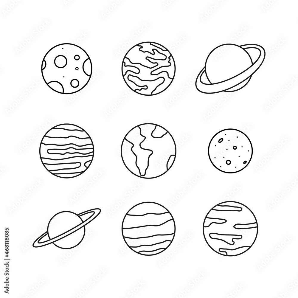 Planet icon set on white background. Contains icons such as Saturn, Jupiter, Planet Earth, and more.Doodle solar system. Hand drawn sketch planets. Vector
