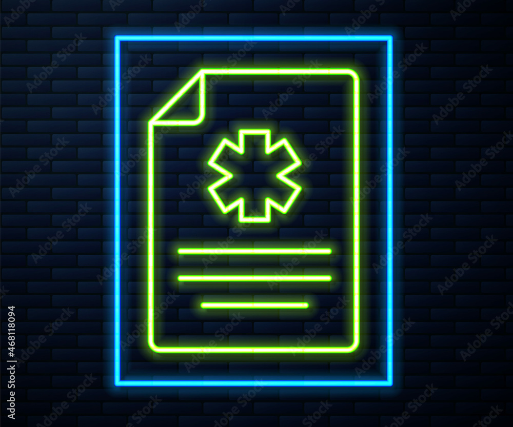 Glowing neon line Medical clipboard with clinical record icon isolated on brick wall background. Health insurance form. Prescription, medical check marks report. Vector Glowing neon line Medical clipboard with clinical record icon isolated on brick wall background. Health insurance form. Prescription, medical check marks report. Vector