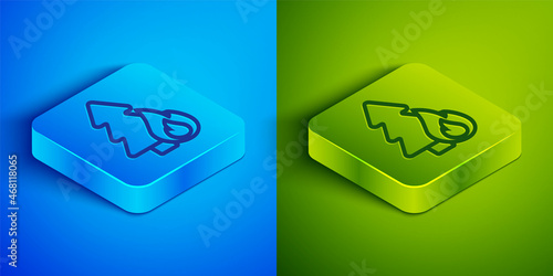 Isometric line Burning forest trees in fire flames icon isolated on blue and green background. Natural disaster concept. Square button. Vector