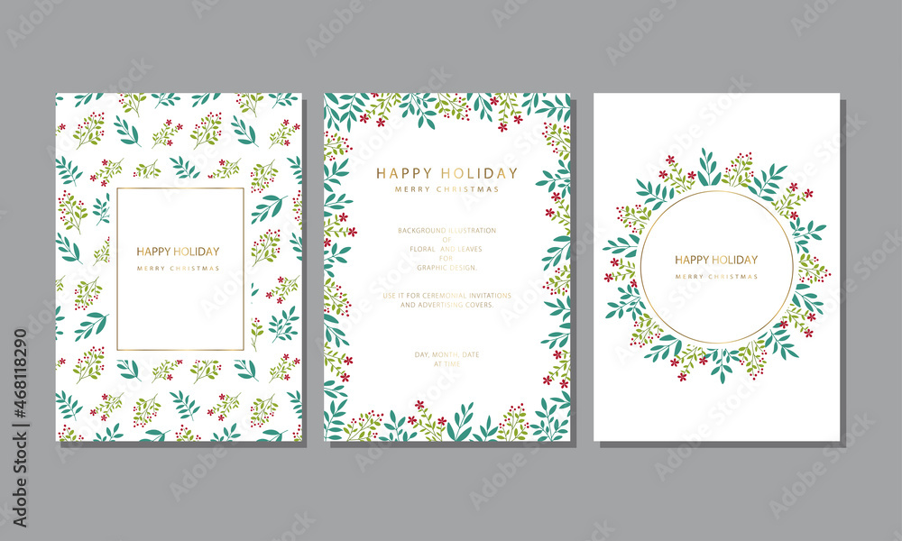 Holiday and New Year Cards template set, Leaves and Gold Frame on White Background