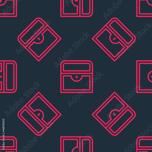 Red line Antique treasure chest icon isolated seamless pattern on black background. Vintage wooden chest with golden coin. Vector © Iryna