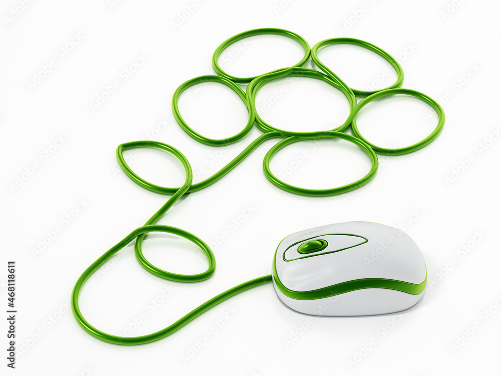 Mouse connected to cable forming a flower shape isolated on white background. 3D illustration Mouse connected to cable forming a flower shape isolated on white background. 3D illustration