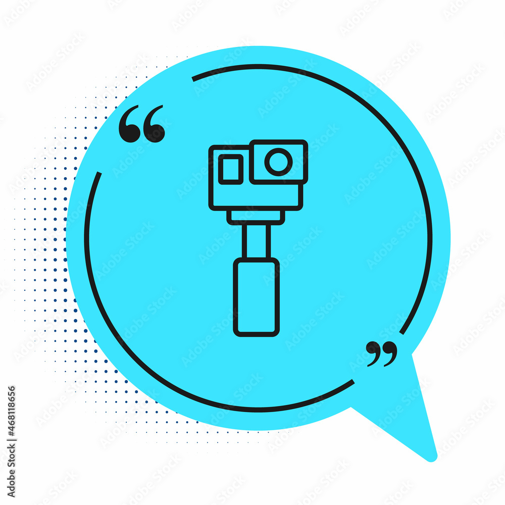 Black line Action extreme camera icon isolated on white background. Video camera equipment for filming extreme sports. Blue speech bubble symbol. Vector Black line Action extreme camera icon isolated on white background. Video camera equipment for filming extreme sports. Blue speech bubble symbol. Vector