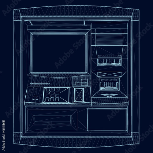 Outline of an ATM machine for dispensing cash from blue lines isolated on a dark background. Front view. Vector illustration