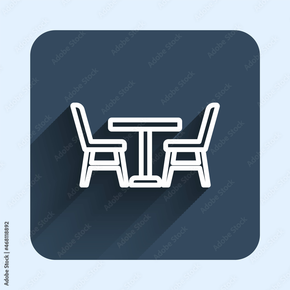 White line Wooden table with chair icon isolated with long shadow background. Blue square button. Vector White line Wooden table with chair icon isolated with long shadow background. Blue square button. Vector