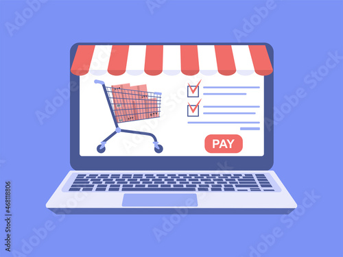 Concept for an online store. Computer and shopping cart. Vector illustration.