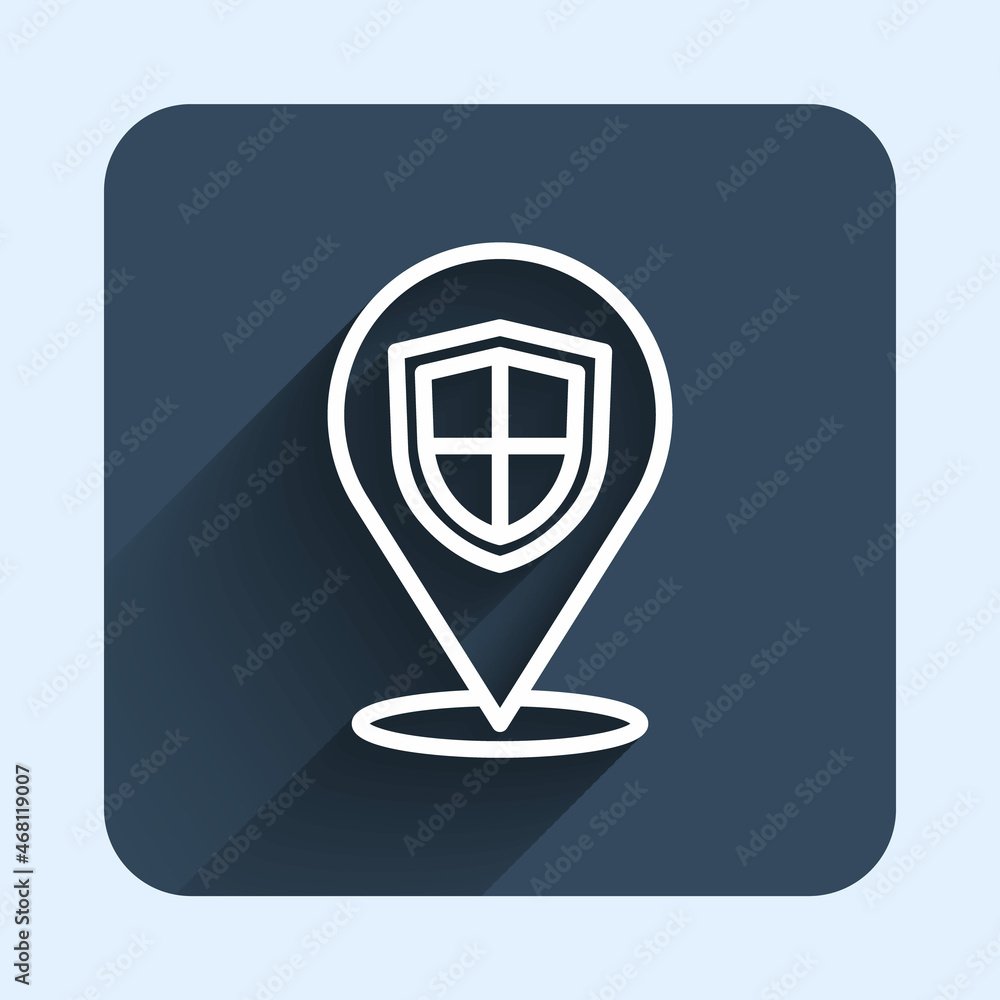 White line Location shield icon isolated with long shadow background. Insurance concept. Guard sign. Security, safety, protection, privacy concept. Blue square button. Vector White line Location shield icon isolated with long shadow background. Insurance concept. Guard sign. Security, safety, protection, privacy concept. Blue square button. Vector