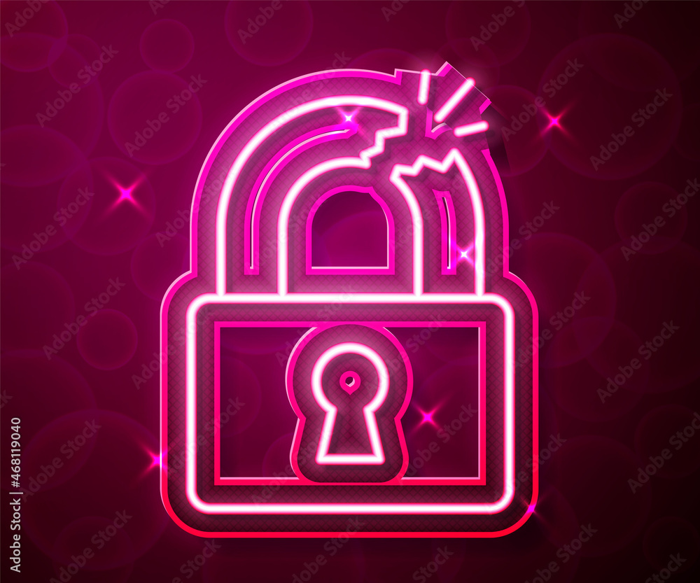 Glowing neon line Broken or cracked lock icon isolated on red background. Unlock sign. Vector Glowing neon line Broken or cracked lock icon isolated on red background. Unlock sign. Vector