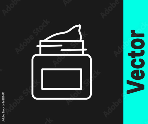 White line Cream or lotion cosmetic jar icon isolated on black background. Body care products for men. Vector