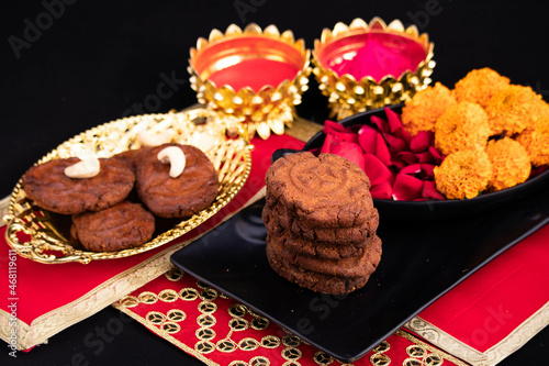 Indian Religious Mithai Called Thekua Thokwa Or Thekuwa Is Made Of Wheat And Meetha Dry Fruits Is Offered to Sun God During Auspicious Chhath Puja Celebrated In Uttar Pradesh Bihar In North India