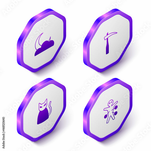 Set Isometric Moon and stars, Scythe, Black cat and Voodoo doll icon. Purple hexagon button. Vector