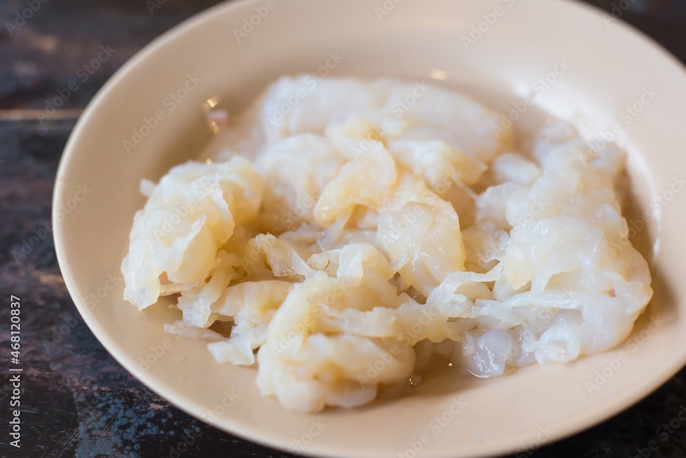 Fresh jelly fish is a seafood order which served in shabu buffet, sukiyaki restaurant. Fresh jelly fish is a seafood order which served in shabu buffet, sukiyaki restaurant.