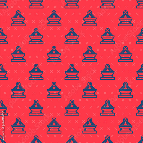 Blue line Boat swing icon isolated seamless pattern on red background. Childrens entertainment playground. Attraction riding ship, swinging boat. Amusement park. Vector