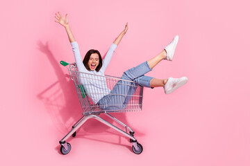 Photo of funny excited young woman wear white sweater screaming riding shopping cart rising arms smiling isolated pink color background