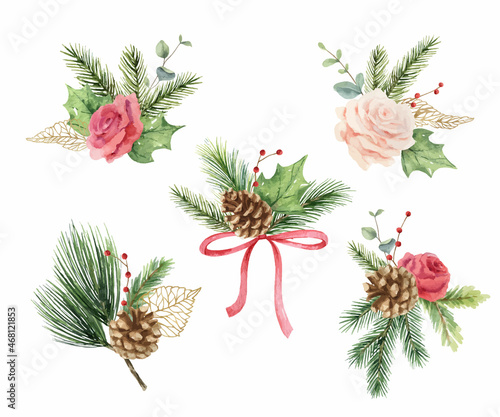 Christmas vector watercolor bouquet set with rose, fir branches and leaves.