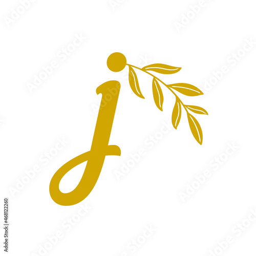 J vector logo in gold color with a leaf, showing nature and luxury and smoothness in shape