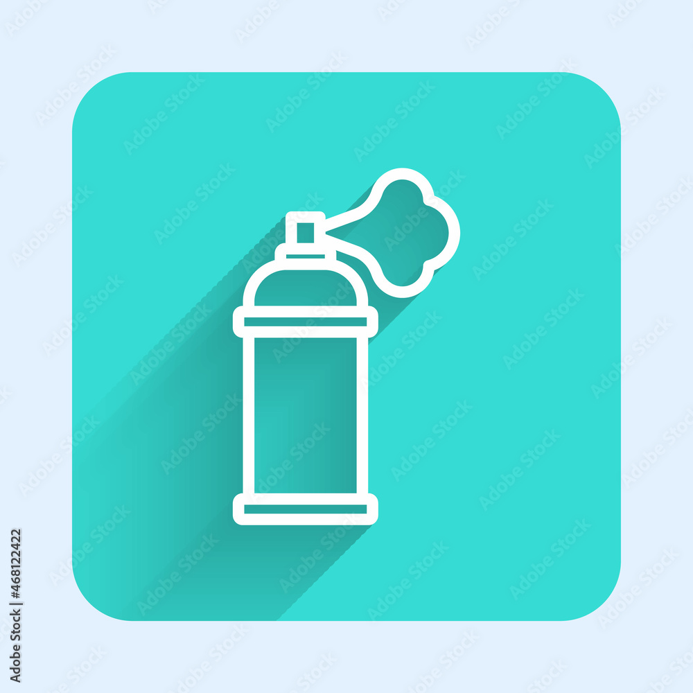 White line Paint spray can icon isolated with long shadow background. Green square button. Vector White line Paint spray can icon isolated with long shadow background. Green square button. Vector