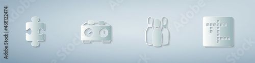 Set Puzzle pieces toy, Time chess clock, Bowling pin and Crossword. Paper art style. Vector