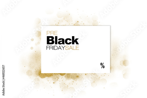 stlylish Pre Black Friday sale poster design with gold glitter. Sale tag offering a percent reduction in prices