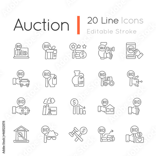 Auction linear icons set. Competitive bargaining. Bidding for item. Public sales. Selling property. Customizable thin line contour symbols. Isolated vector outline illustrations. Editable stroke