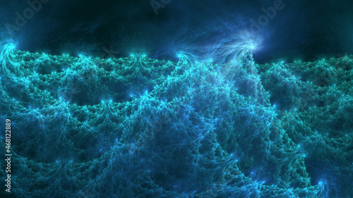 Abstract blue fractal art background, suggestive of ocean waves.
