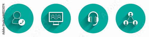 Set Video chat conference, Headphones and Meeting icon with long shadow. Vector