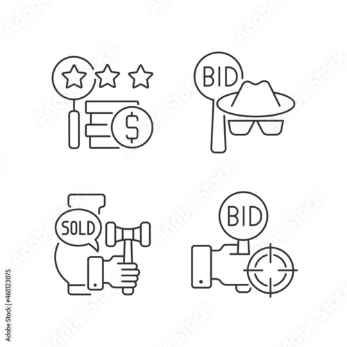Auction components linear icons set. Silent bidding. Auction sniping. Auctioneer. Appraisal process. Customizable thin line contour symbols. Isolated vector outline illustrations. Editable stroke