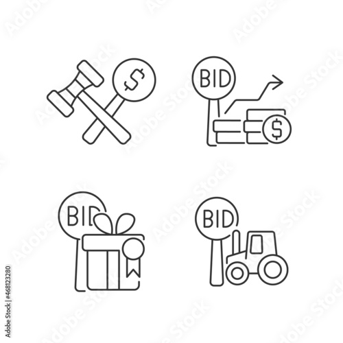 Agriculture auction components linear icons set. Bidding increments. Auction winner. Farm equipment sell. Customizable thin line contour symbols. Isolated vector outline illustrations. Editable stroke
