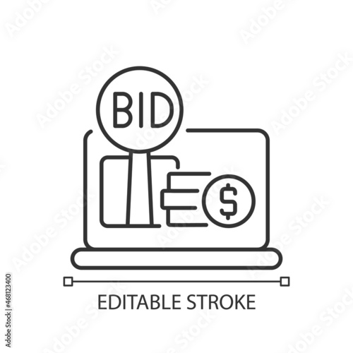 Online auction linear icon. Electronic commerce. Highest bid wins. Online marketplace. Thin line customizable illustration. Contour symbol. Vector isolated outline drawing. Editable stroke