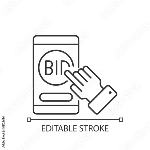 Auction mobile app linear icon. Smartphone software. Bidding competition application. E commerce. Thin line customizable illustration. Contour symbol. Vector isolated outline drawing. Editable stroke