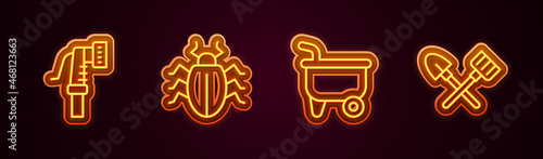 Set line Garden hose, Colorado beetle, Wheelbarrow and Shovel and rake. Glowing neon icon. Vector