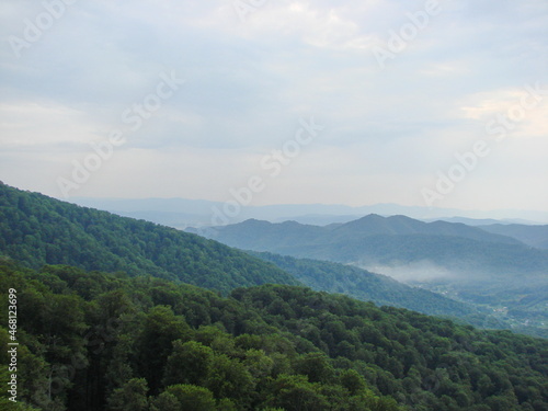 Panorama of cloudy sky over endless mountain ranges covered with a green carpet of Transcarpathian forests. © Hennadii