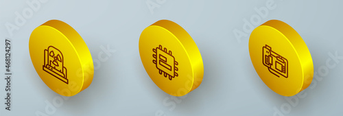 Set Isometric line Radioactive warning lamp, Processor CPU and Motherboard icon. Vector