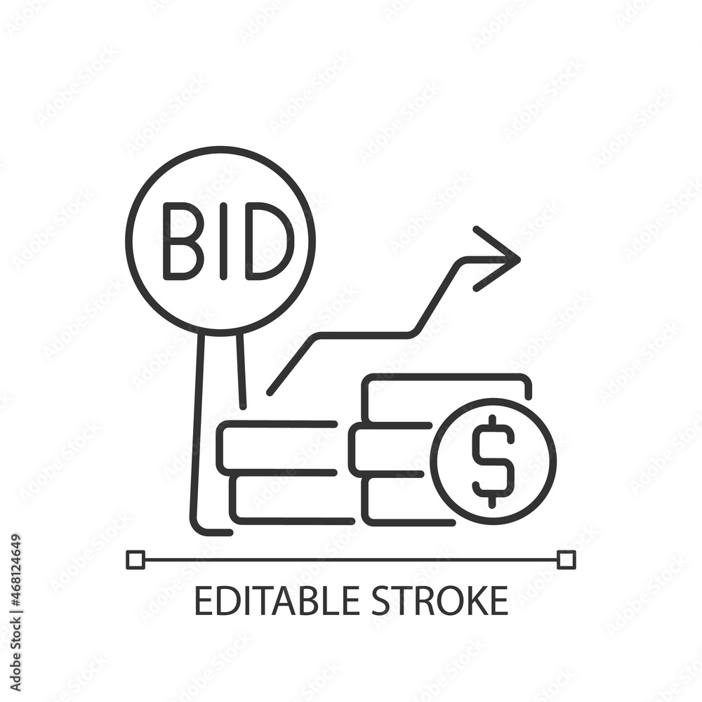 Bid increments linear icon. Minimum price increasing. Competitive bargaining. Public sales. Thin line customizable illustration. Contour symbol. Vector isolated outline drawing. Editable stroke Bid increments linear icon. Minimum price increasing. Competitive bargaining. Public sales. Thin line customizable illustration. Contour symbol. Vector isolated outline drawing. Editable stroke