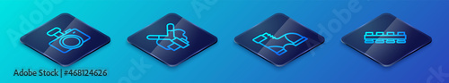 Set Isometric line Hunter boots, Photo camera, Hunting cartridge belt and Slingshot icon. Vector
