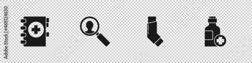 Set Medical clipboard, analysis, Inhaler and Bottle of medicine syrup icon. Vector