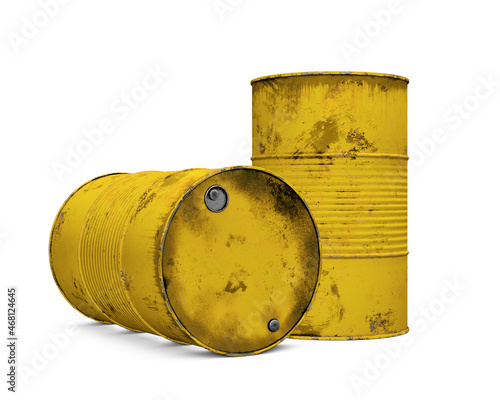 yellow metal barrels isolated on white background photo