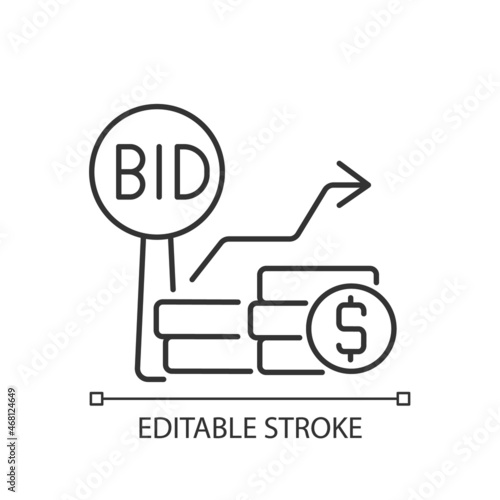 Bid increments linear icon. Minimum price increasing. Competitive bargaining. Public sales. Thin line customizable illustration. Contour symbol. Vector isolated outline drawing. Editable stroke