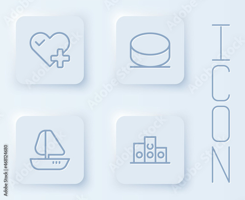 Set line Heart rate, Hockey puck, Yacht sailboat and Award over sports winner podium. White square button. Vector