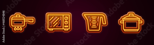 Set line Cooking pot on fire, Microwave oven, Measuring cup and . Glowing neon icon. Vector