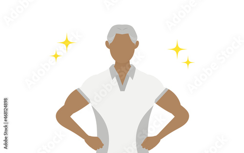 スポーツジムインストラクターシニア男性のポーズ、腰に手を当てて立つ