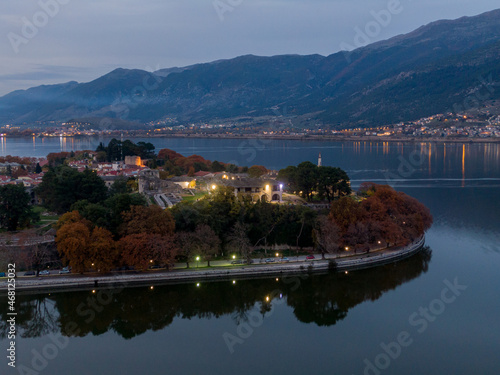 drone View to the lake Pamvotis Ioannina city, Greece. photo
