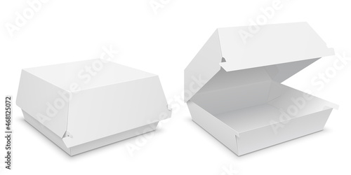 Open and closed blank paper lunch box for hamburger, sandwich or other fastfood. Vector isolated realistic template illustration.