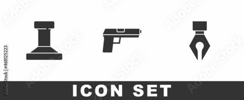 Set Stamp, Pistol or gun and Fountain pen nib icon. Vector