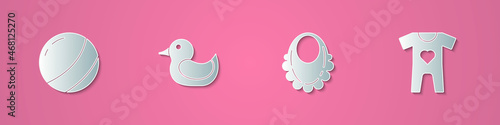 Set paper cut Beach ball, Rubber duck, Baby bib and clothes icon. Paper art style. Vector