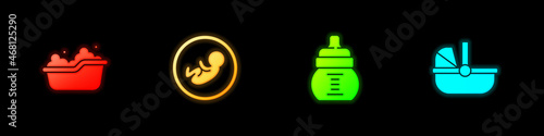 Set Baby bathtub, , bottle and stroller icon. Vector