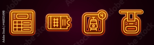 Set line Train station board, ticket, Online booking and Cable car. Glowing neon icon. Vector
