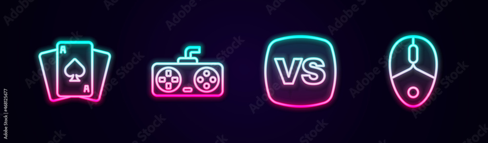 Set line Playing cards, Game controller or joystick, VS Versus battle and Computer mouse. Glowing neon icon. Vector Set line Playing cards, Game controller or joystick, VS Versus battle and Computer mouse. Glowing neon icon. Vector