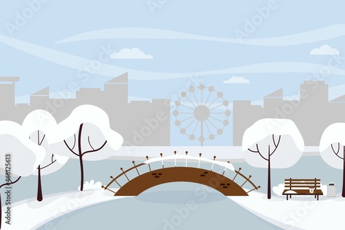Winter city with a bench, trees, snow, coffee, against the background of multi-storey buildings. Vector illustration in a flat style