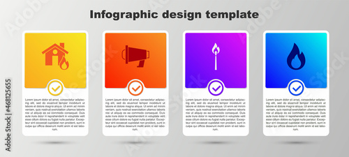 Set Fire in burning house, Megaphone, Burning match with fire and flame. Business infographic template. Vector